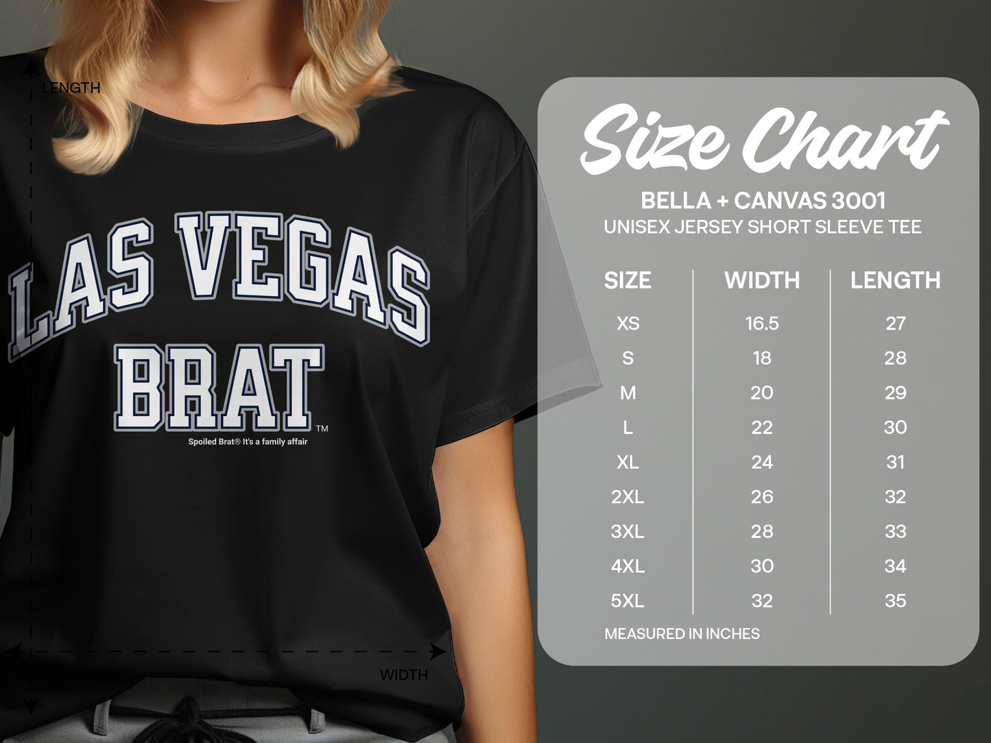 Black t-shirt with "LAS VEGAS BRAT" and a size chart.