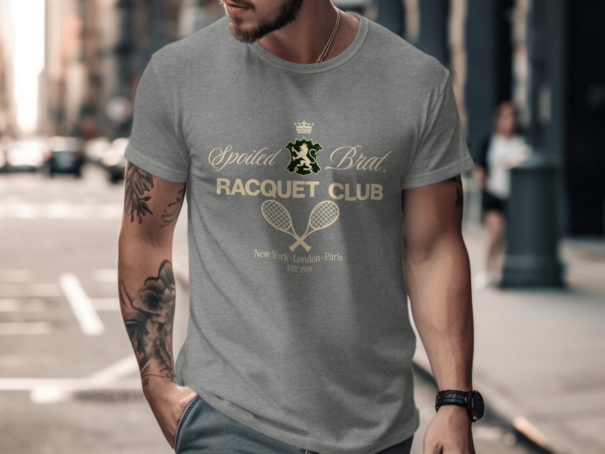 Grey t-shirt with "Spoiled Brat Racquet Club" and "Est. 1989" text.