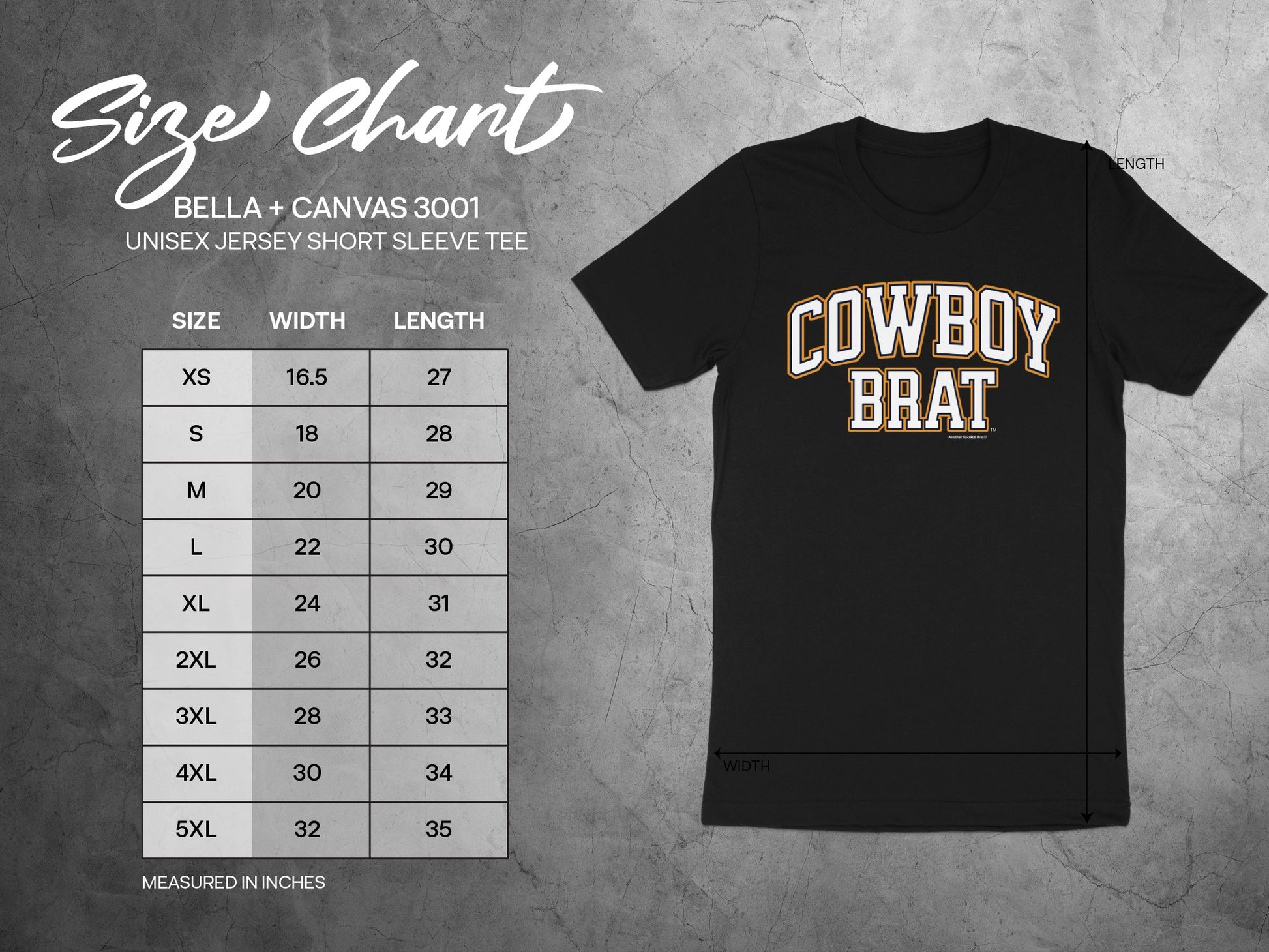Bella + Canvas 3001 unisex jersey tee size chart with measurements in inches.