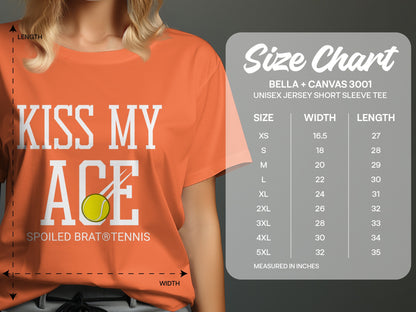 T-shirt with "KISS MY ACE" and tennis ball graphic, with size chart.