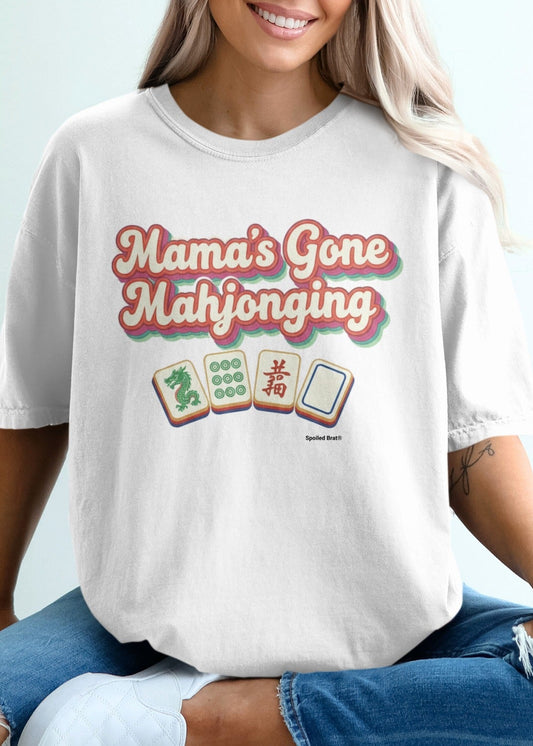 White t-shirt with "Mama's Gone Mahjonging" and mahjong tiles.