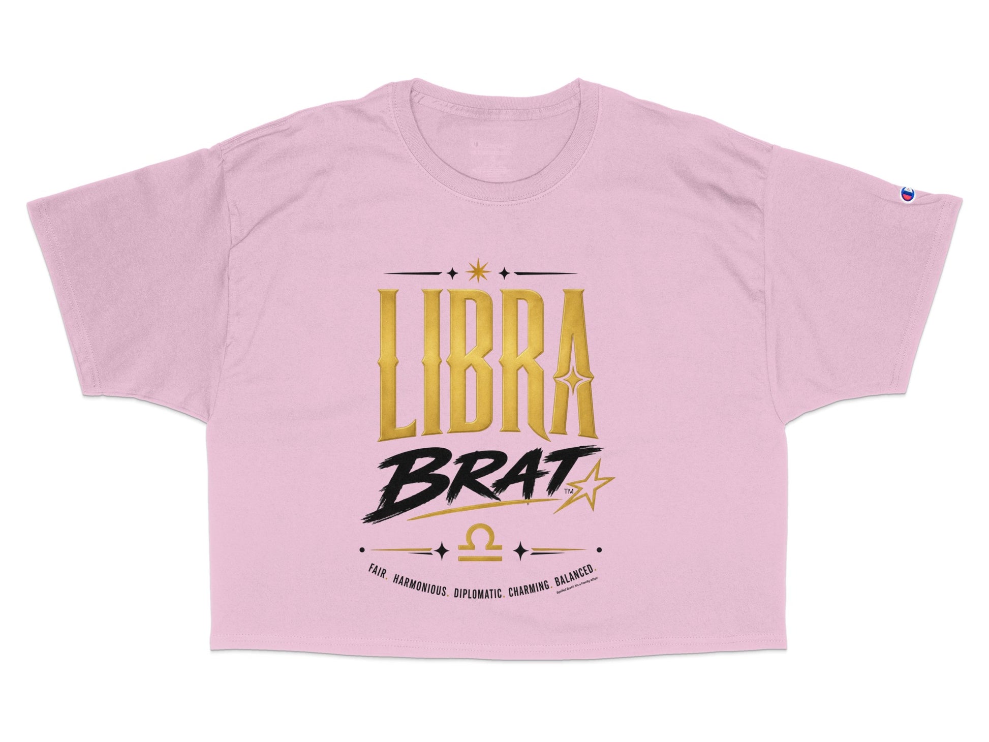 Pink crop t-shirt with gold "LIBRA BRAT" text and Libra symbol.
