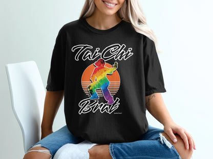 Black t-shirt with rainbow Tai Chi practitioner and "Tai Chi Brat" text.