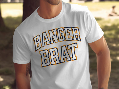 White t-shirt with "BANG ER BRAT" printed in varsity-style letters.
