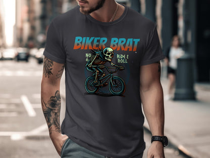 Skeleton riding a BMX bike with "Biker Brat Ride & Roll" text.