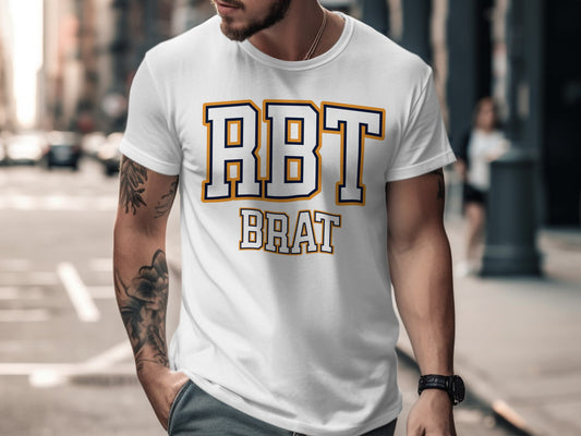 White t-shirt with "RBT BRAT" text on the front.