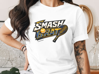 White t-shirt with "SMASH BRAT" text, tennis ball, and racket graphic.