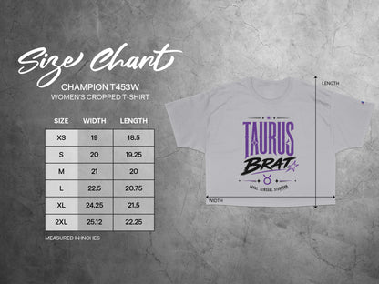 Champion T453W women's cropped t-shirt size chart listing width and length.