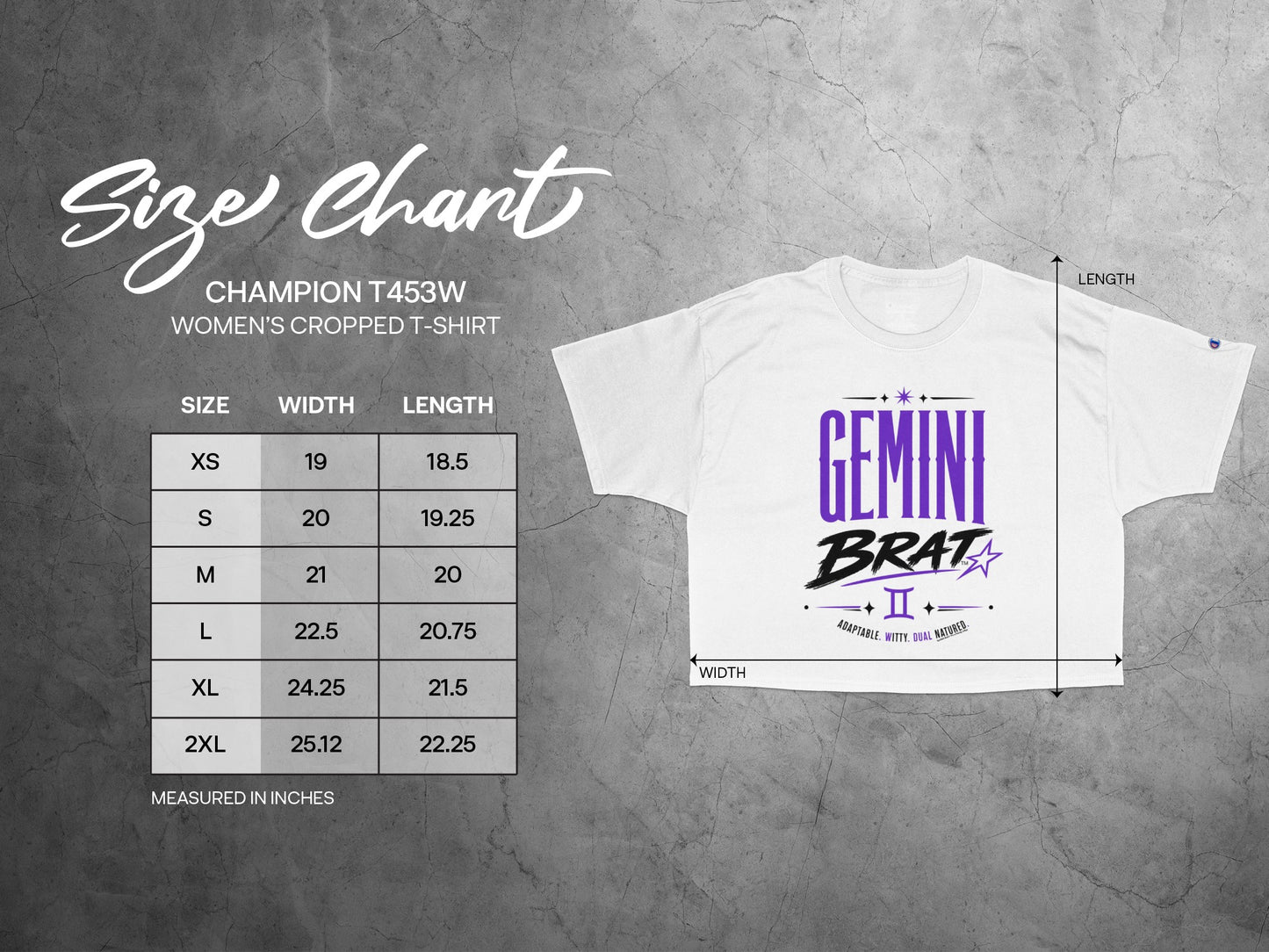 Champion T453W women's cropped t-shirt size chart with width and length measurements in inches.