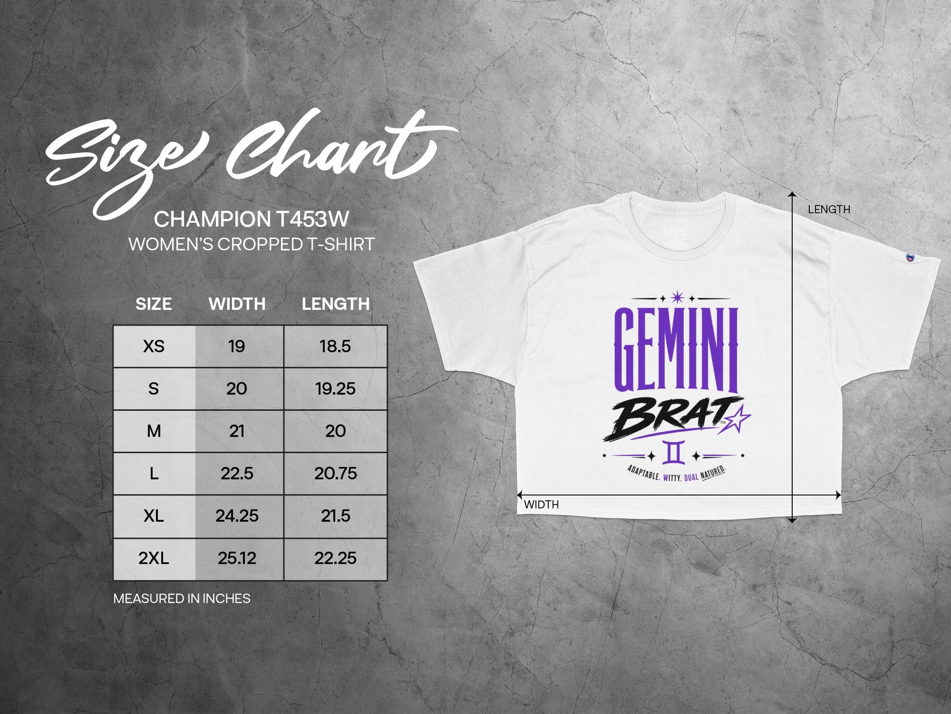 Champion T453W women's cropped t-shirt size chart with width and length measurements in inches.