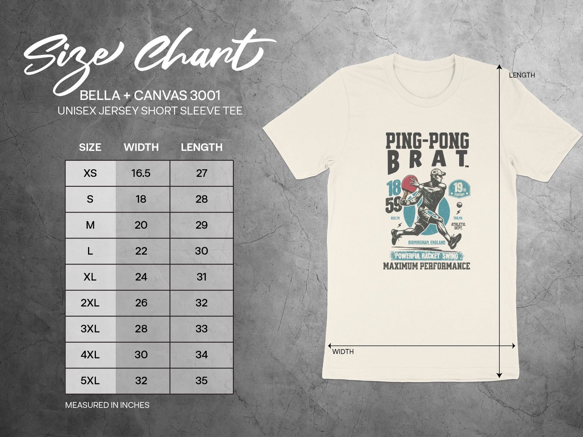 Bella+Canvas 3001 unisex tee size chart showing measurements for width and length.