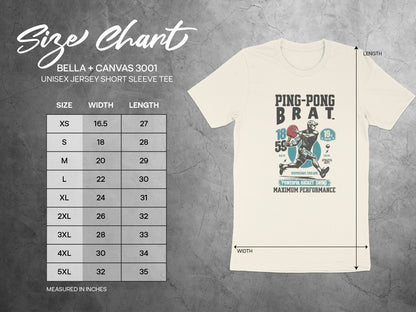 Bella+Canvas 3001 unisex tee size chart showing measurements for width and length.