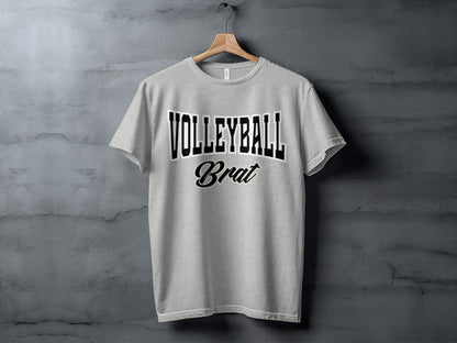 Light grey t-shirt with "VOLLEYBALL Brat" text on a dark background.