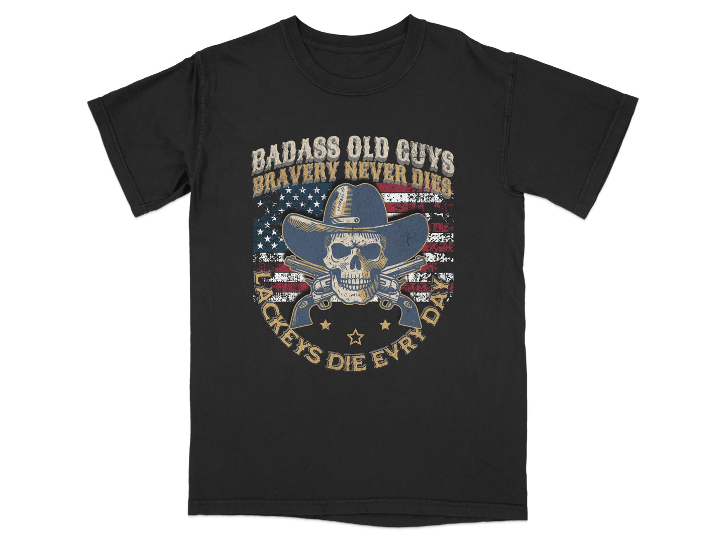 Black t-shirt with skull, cowboy hat, crossed pistols, and American flag.
