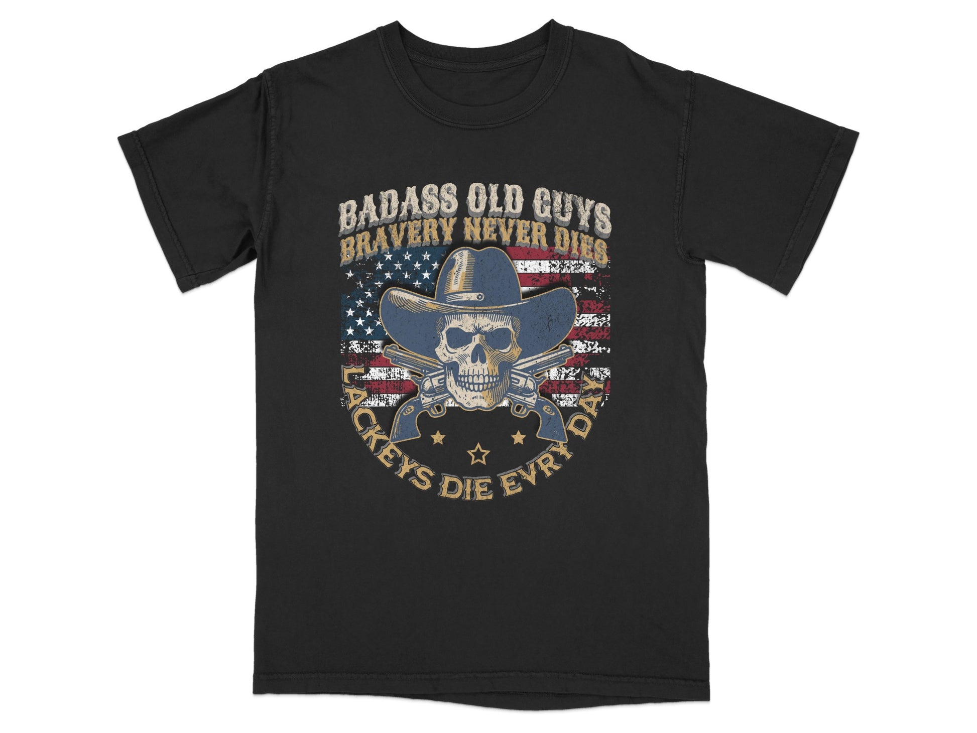 Black t-shirt with skull, cowboy hat, crossed pistols, and American flag.