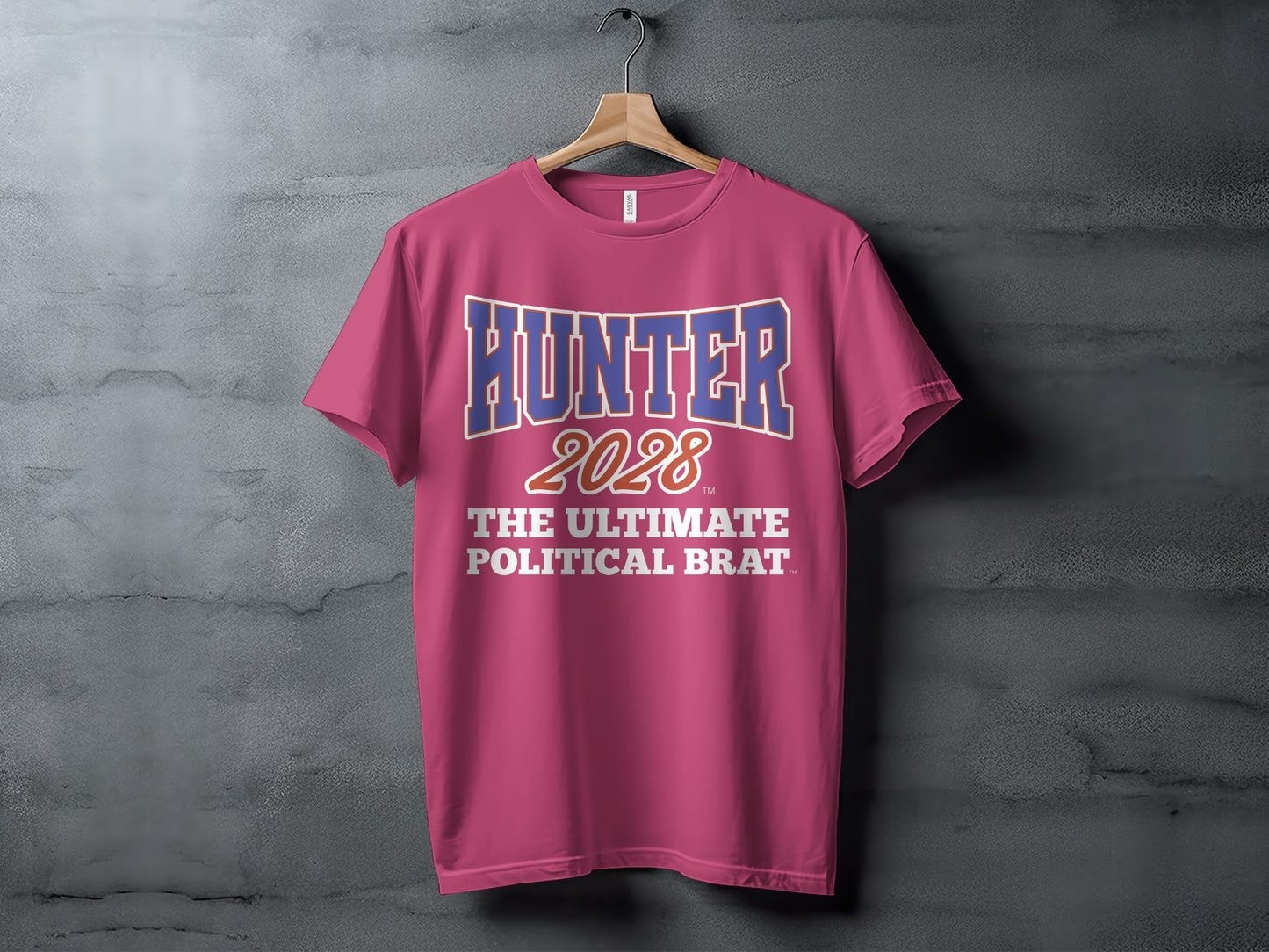 Pink t-shirt with "HUNTER 2028" and "THE ULTIMATE POLITICAL BRAT".