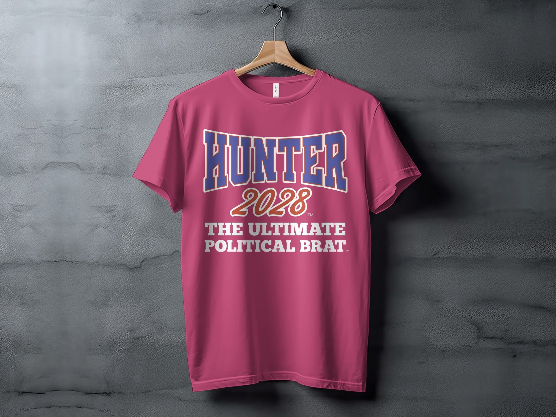 Pink t-shirt with "HUNTER 2028" and "THE ULTIMATE POLITICAL BRAT".