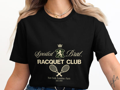 Black t-shirt with "Spoiled Brat Racquet Club" text and crossed tennis rackets.