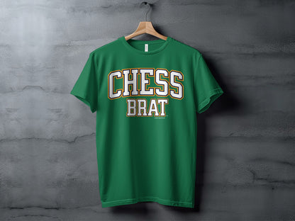 Green t-shirt with bold white text "CHESS BRAT" and "Another Spoiled Brat" logo.