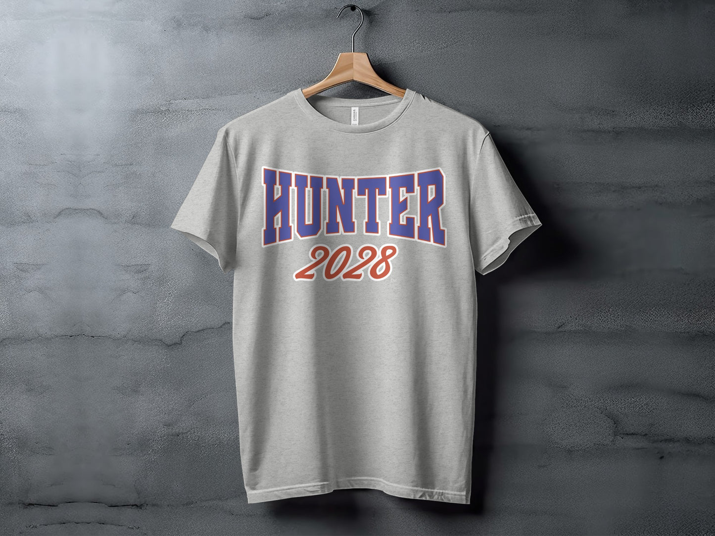 Light grey t-shirt with blue and red text "HUNTER 2028".