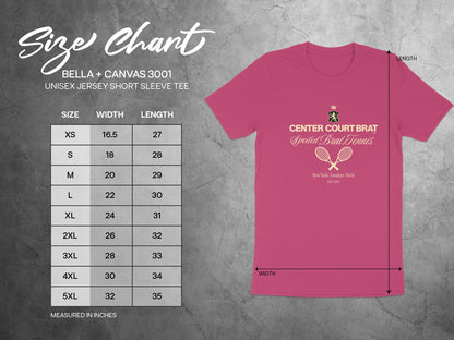Size chart for Bella + Canvas 3001 unisex tee, with measurements for width and length.