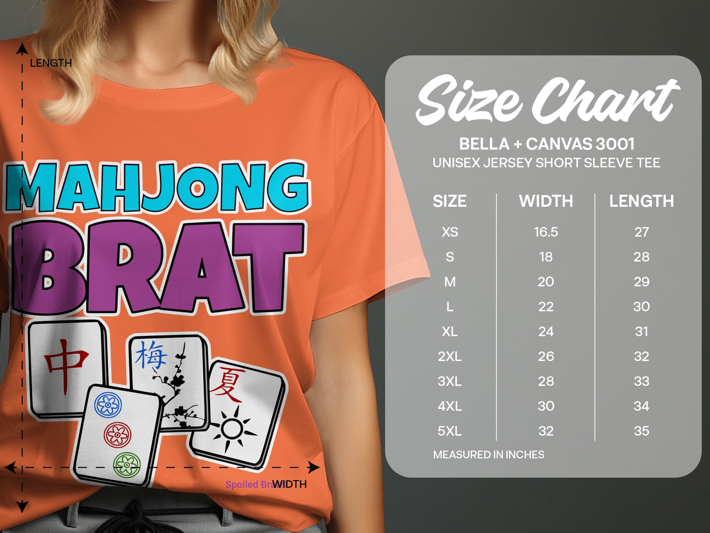 Orange t-shirt with "MAHJONG BRAT" text and mahjong tiles, with a size chart.