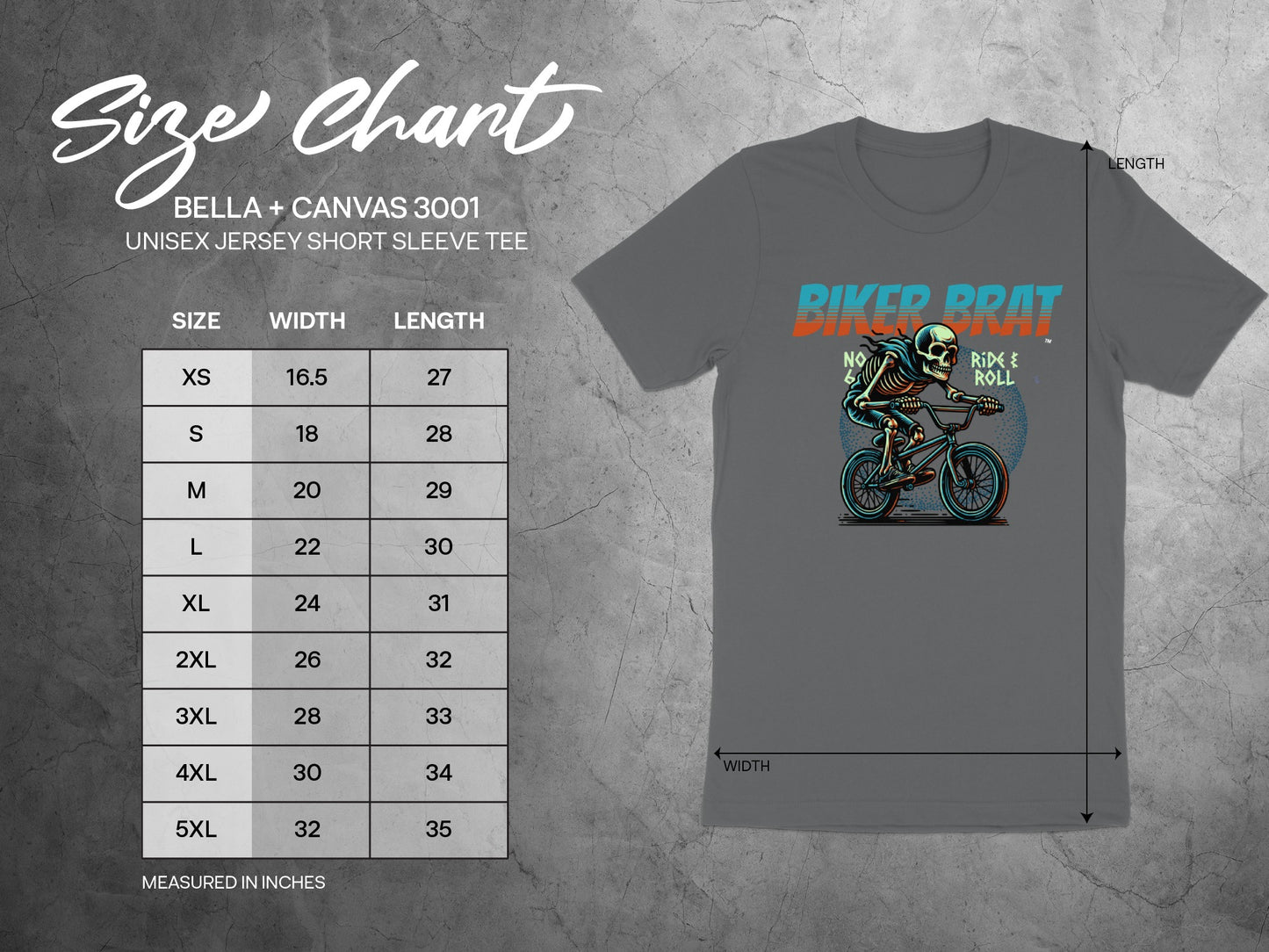 Unisex jersey short sleeve tee size chart with Biker Brat graphic.