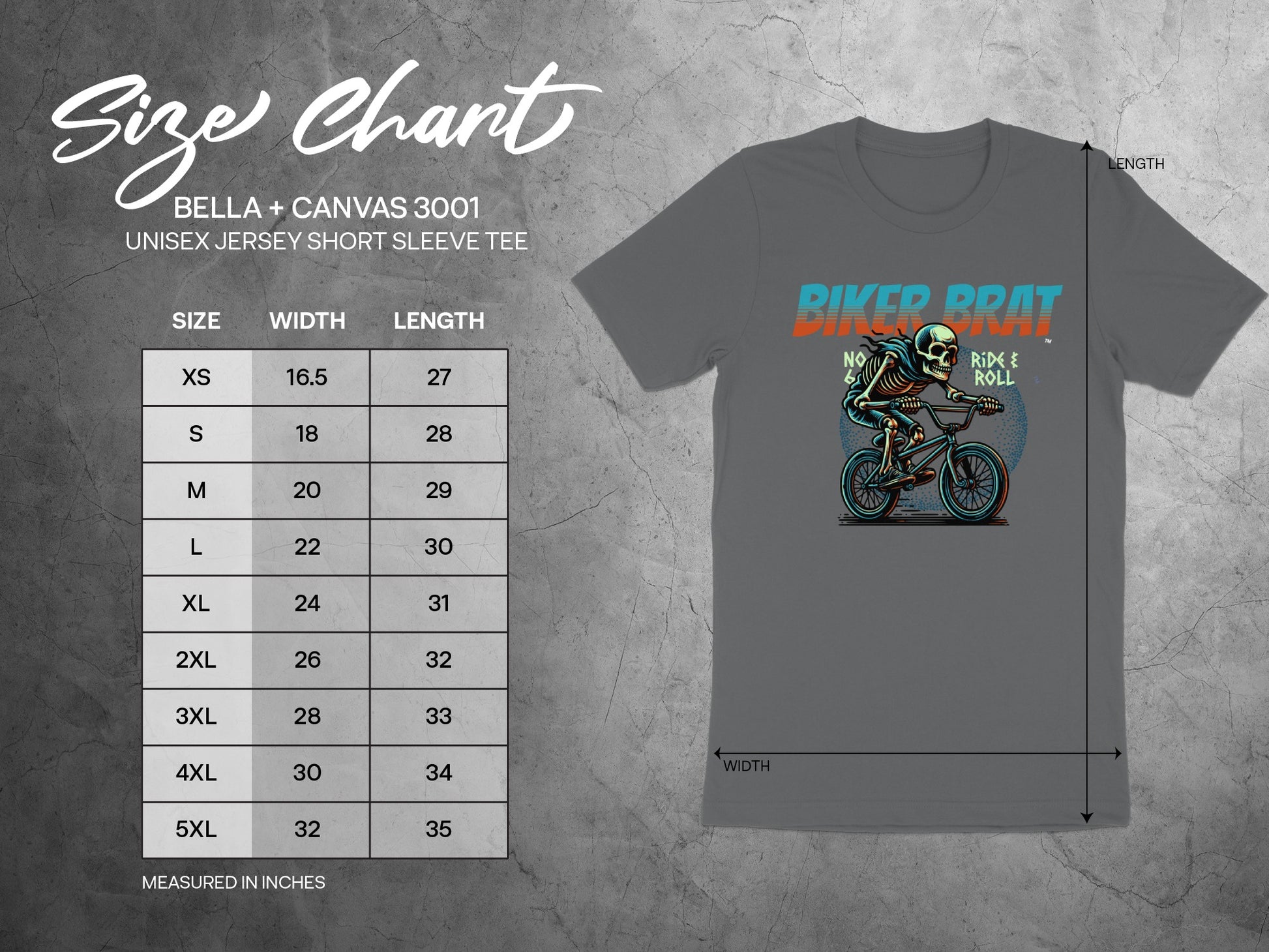 Unisex jersey short sleeve tee size chart with Biker Brat graphic.