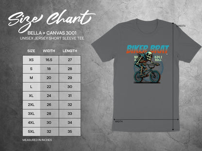 Unisex jersey short sleeve tee size chart with Biker Brat graphic.