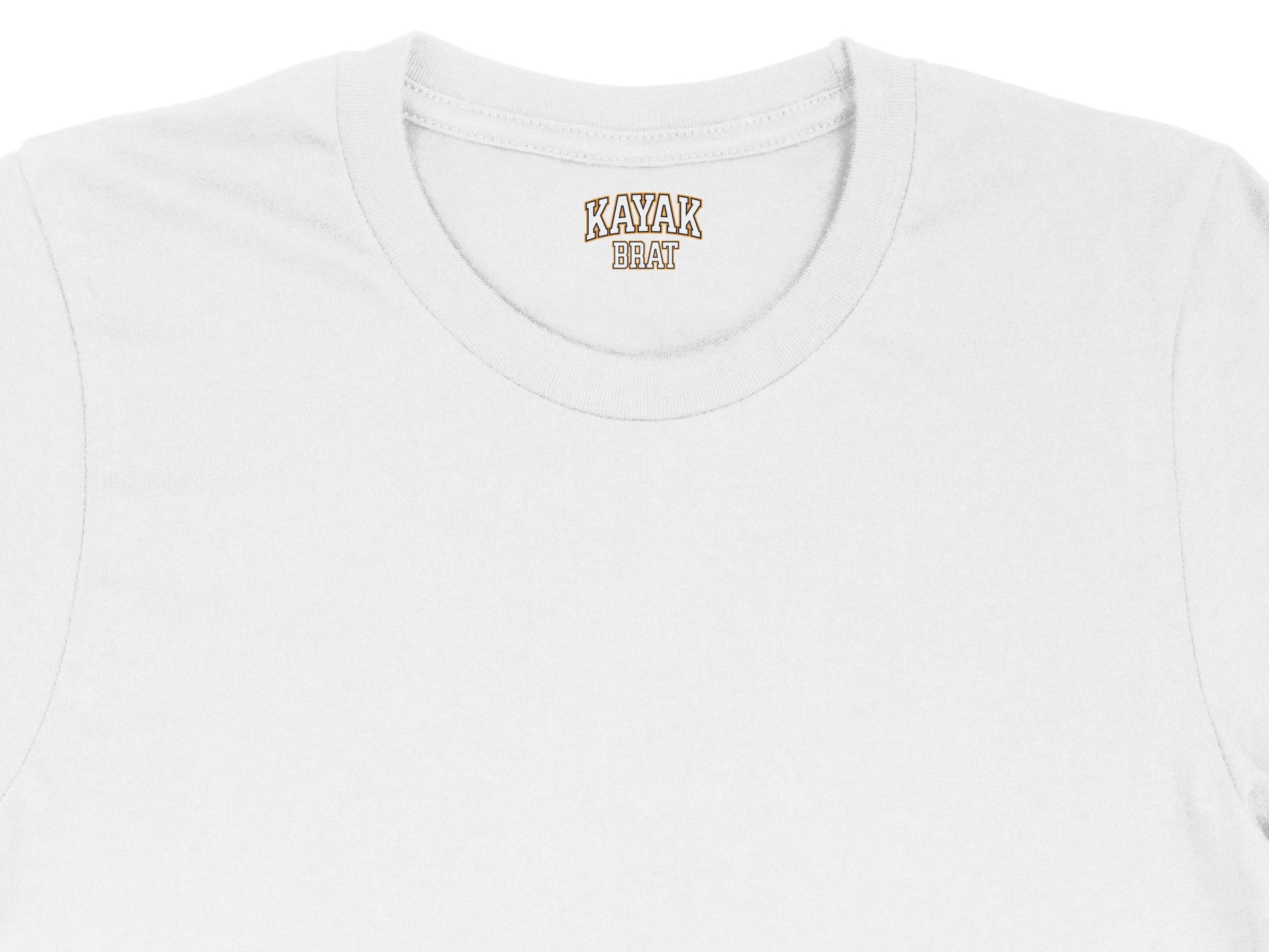 White t-shirt with "KAYAK BRAT" text logo on the collar.