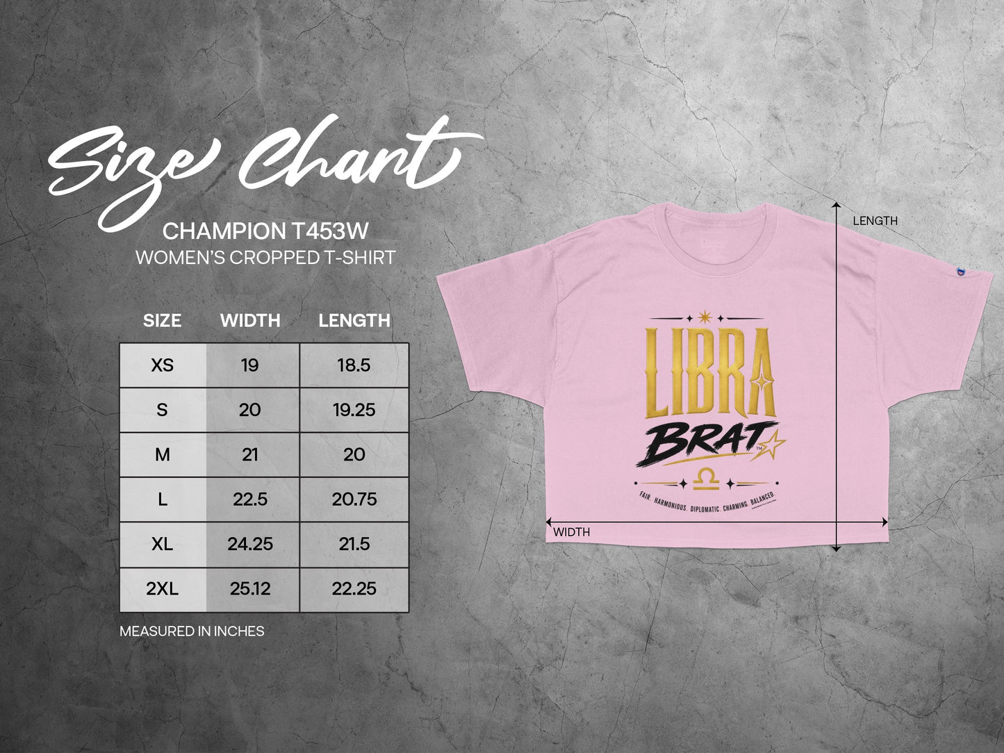Champion women's cropped t-shirt size chart with Libra 'BRAT' graphic.