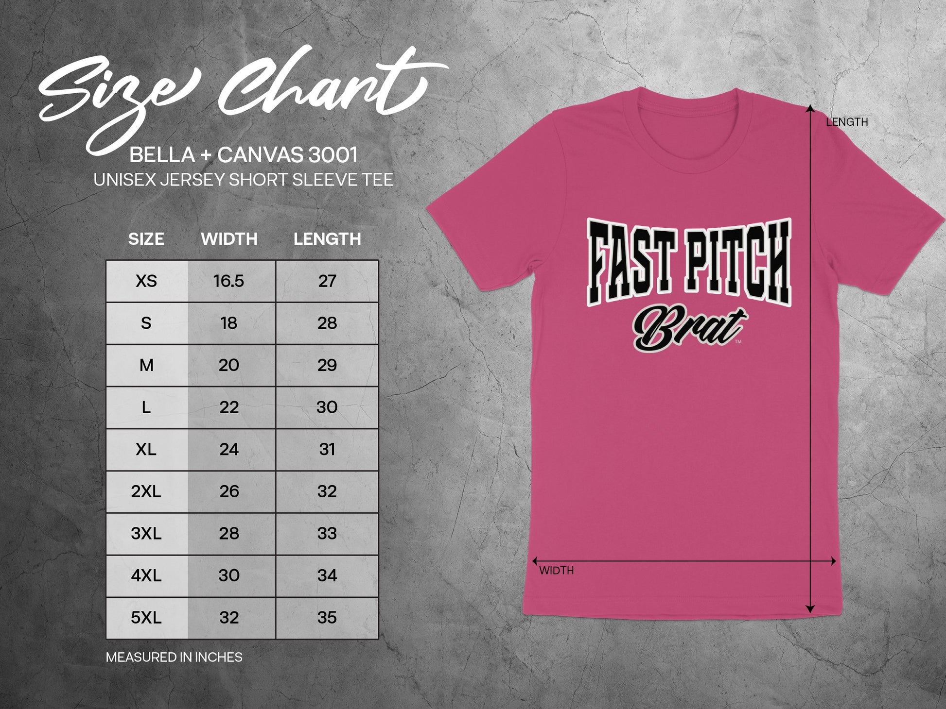BELLA + CANVAS 3001 unisex jersey t-shirt size chart with width and length measurements.