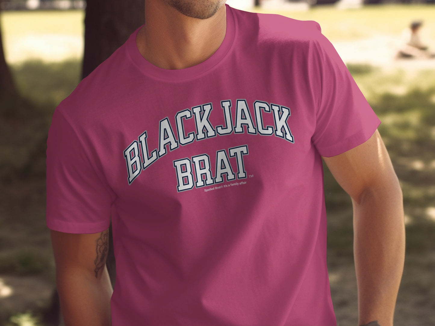Pink t-shirt with "BLACKJACK BRAT" and "Spoiled Brat is a family affair" text.