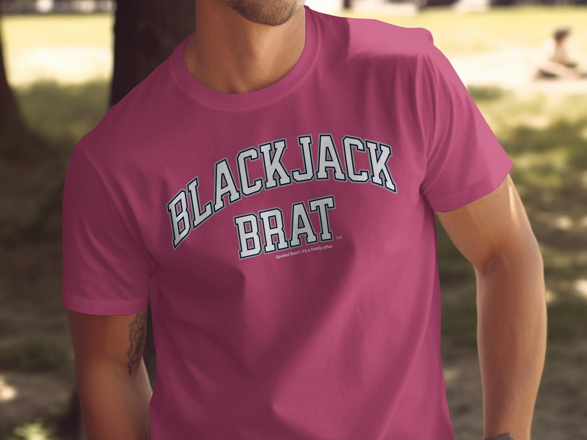 Pink t-shirt with "BLACKJACK BRAT" and "Spoiled Brat is a family affair" text.