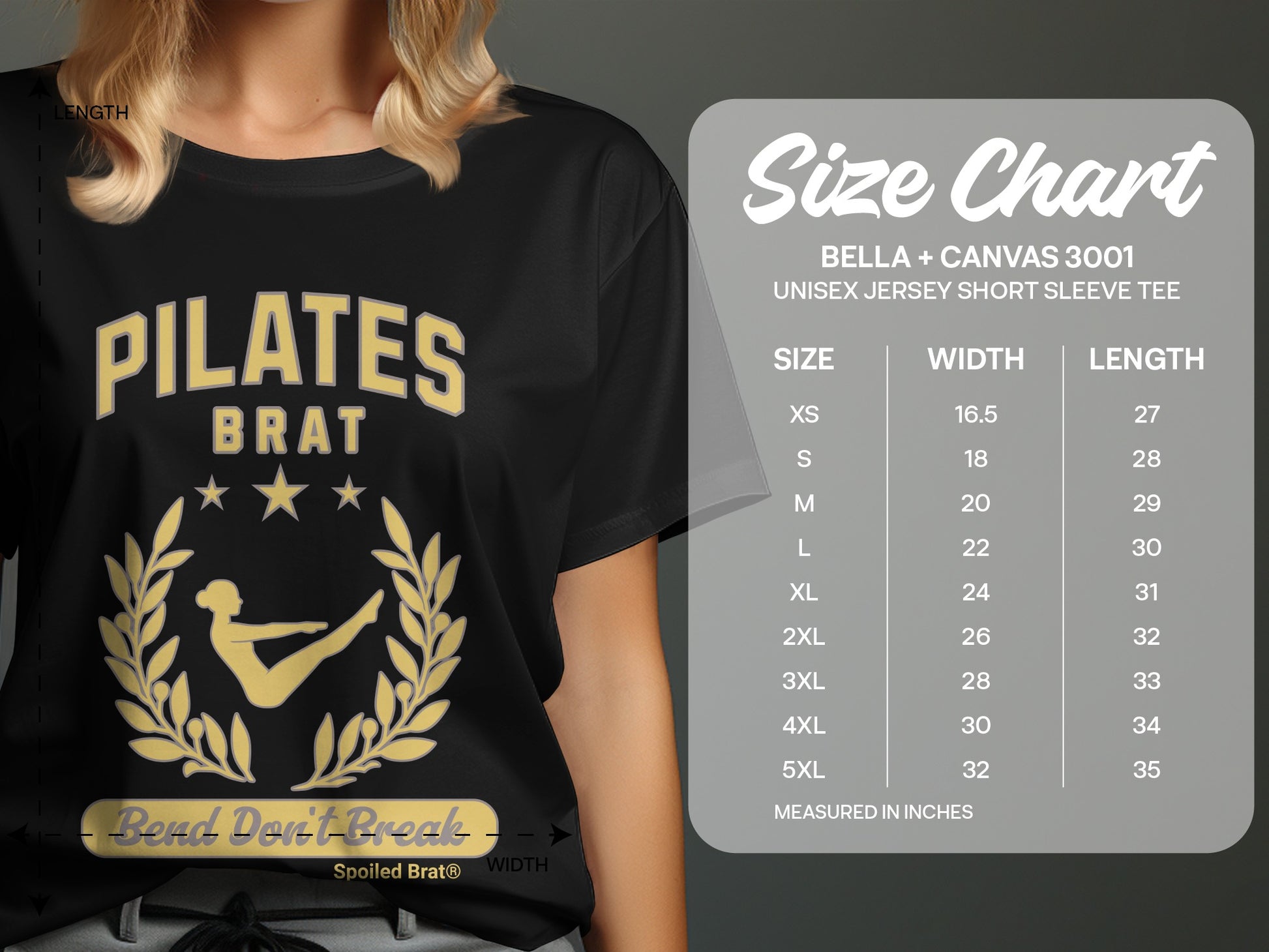 Black t-shirt with "Pilates Brat" graphic and Bella+Canvas 3001 size chart.