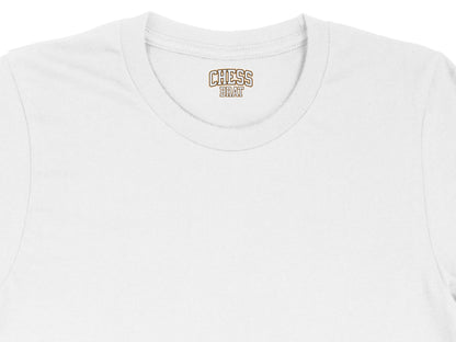 White t-shirt with a brown and gold "CHESS BRAT" logo on the collar.