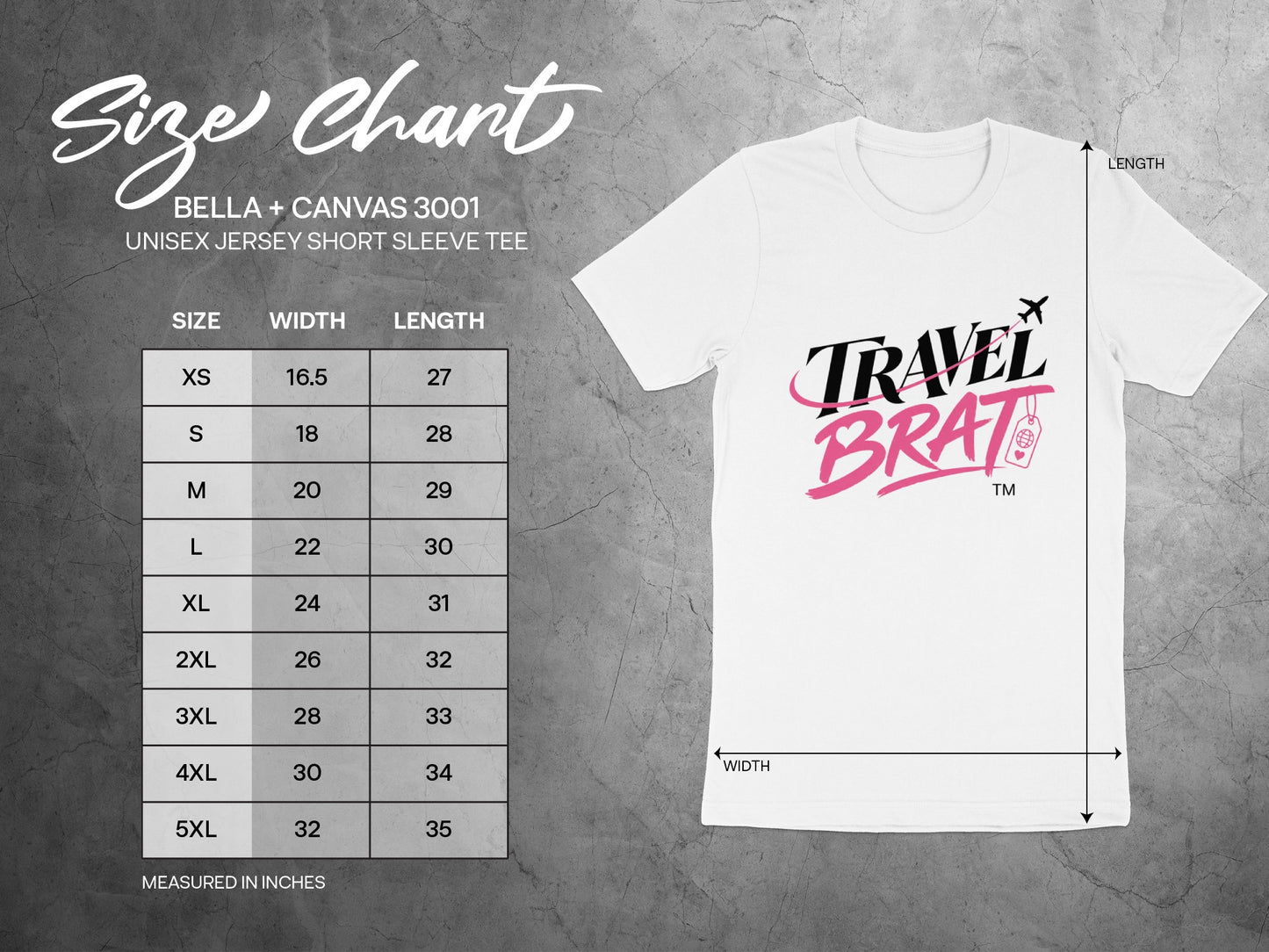 Size chart for Bella + Canvas 3001 unisex jersey short sleeve tee.