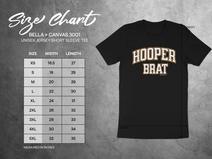 Bella + Canvas 3001 unisex tee size chart with measurements for size, width, and length.