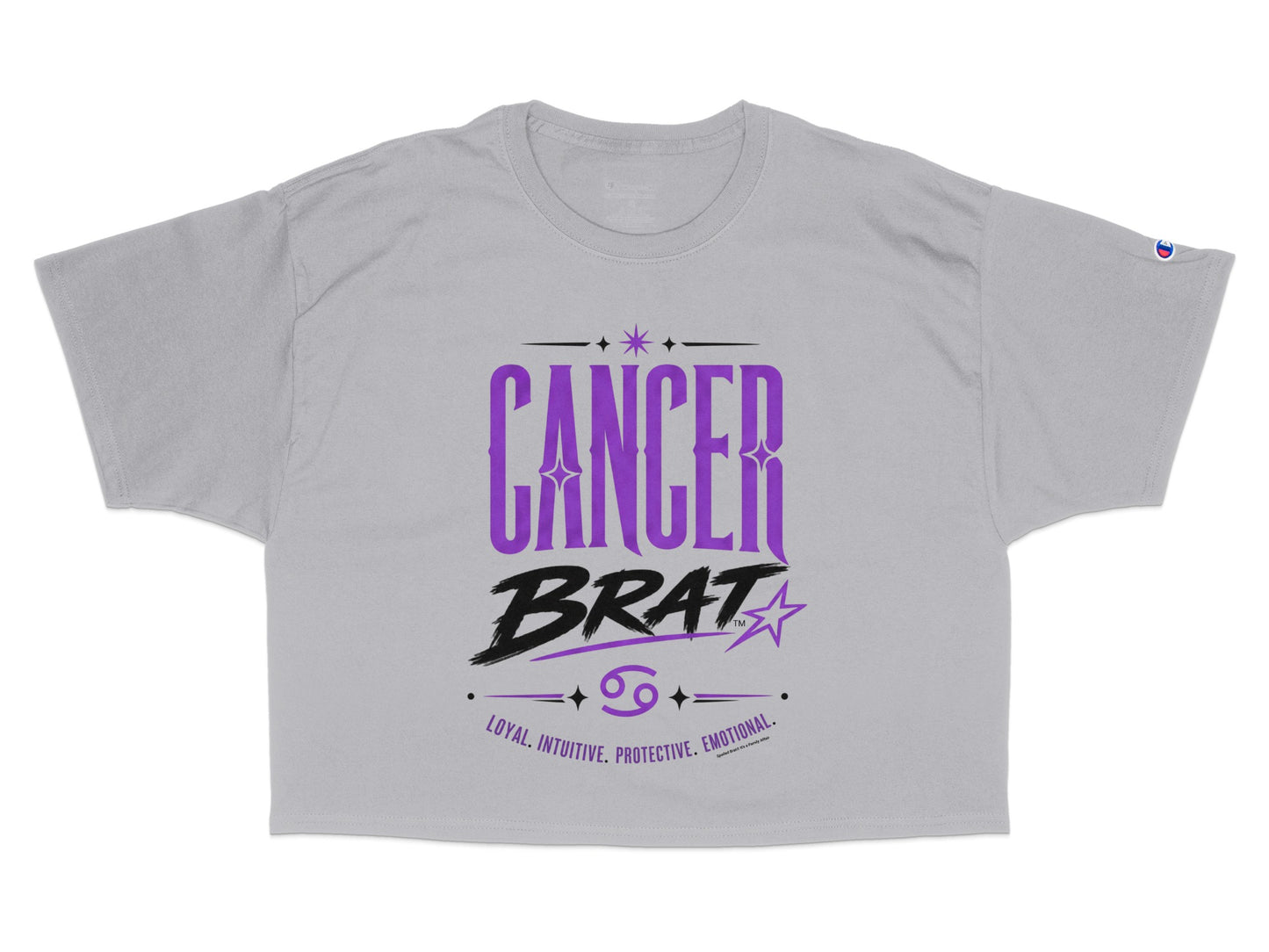 Grey t-shirt with "CANCER BRAT" text and zodiac symbol.