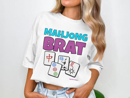 Mahjong Brat text with mahjong tiles on a white t-shirt.