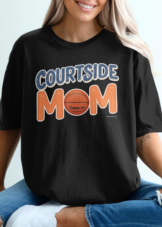Black t-shirt with "Courtside Mom" and basketball graphic.