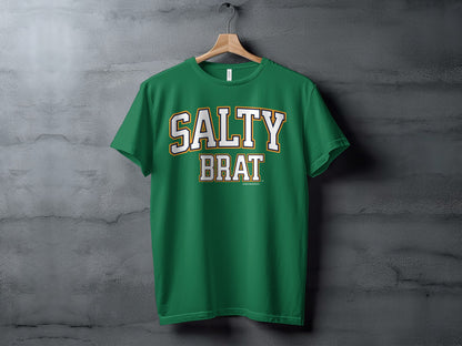 Green t-shirt with "SALTY BRAT" text in white and gold collegiate font
