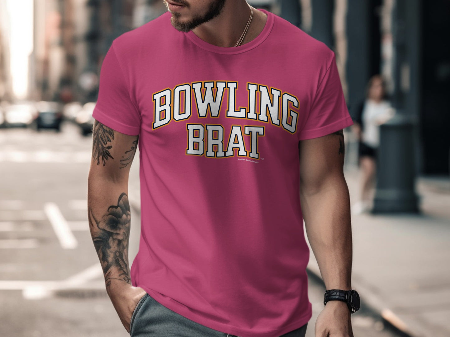 Pink t-shirt with "BOWLING BRAT" text and a smaller "Another Spoiled Brat" logo.