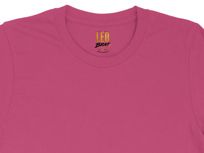 Pink t-shirt with "LEO BRAT" text and astrological symbols.