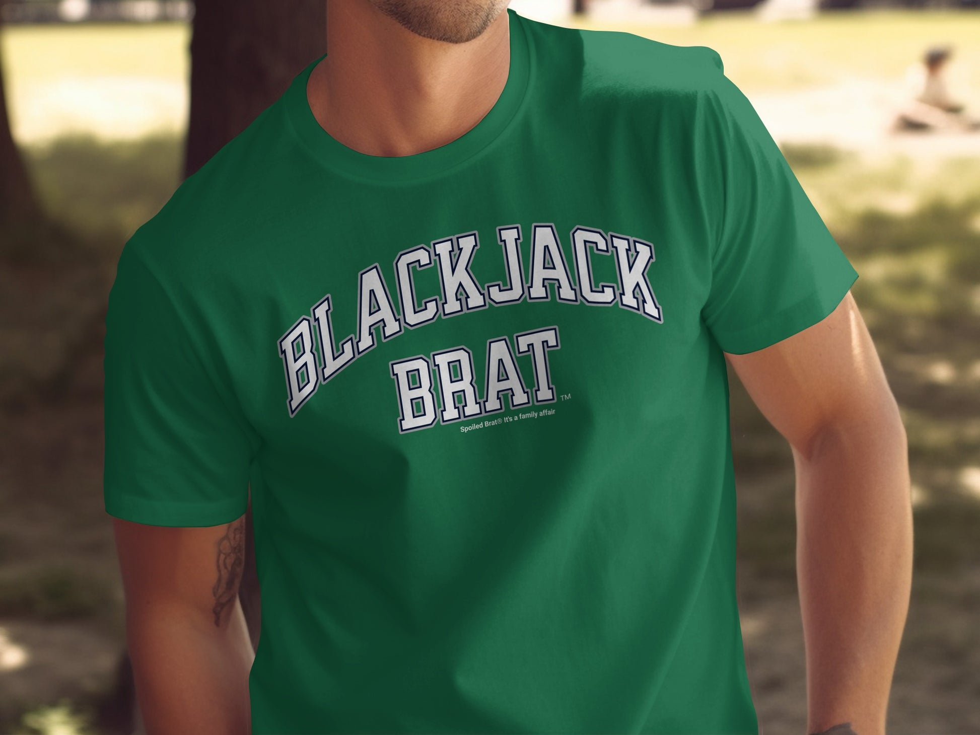 Green t-shirt with "BLACKJACK BRAT" and "Spoiled Brat: It's a family affair" text.
