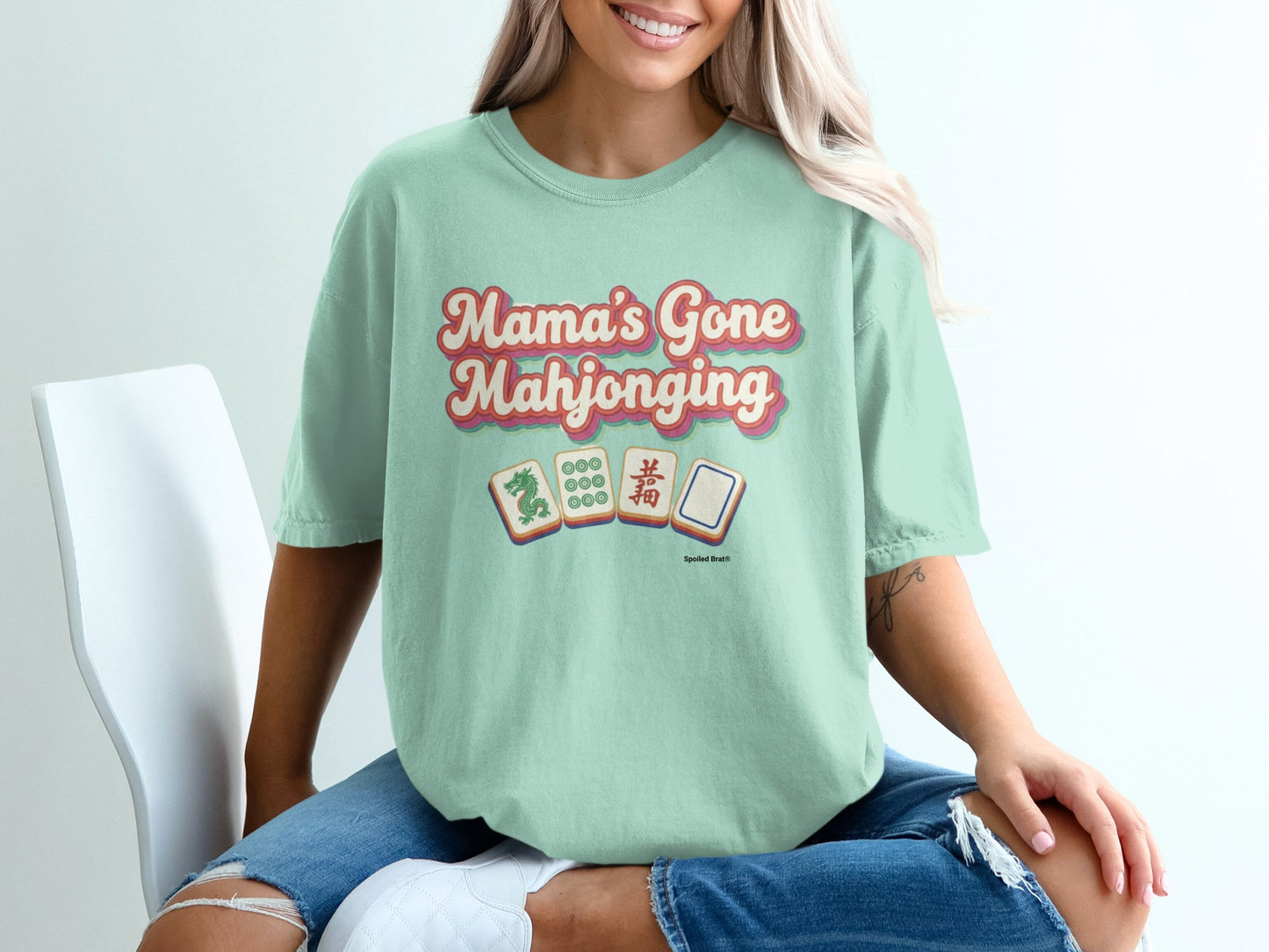 Mint t-shirt with "Mama's Gone Mahjonging" text and Mahjong tiles.