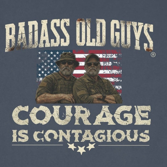 Navy t-shirt with "Badass Old Guys Courage Is Contagious" graphic.
