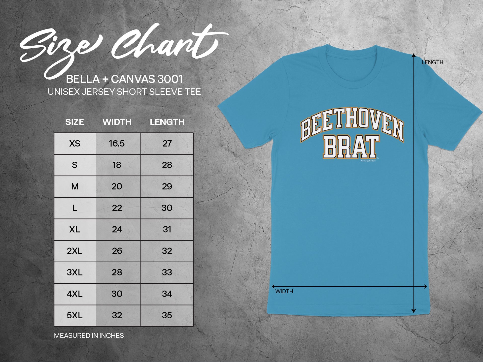 Size chart for Bella + Canvas 3001 unisex tee with "Beethoven Brat" graphic.