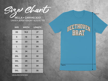Size chart for Bella + Canvas 3001 unisex tee with "Beethoven Brat" graphic.