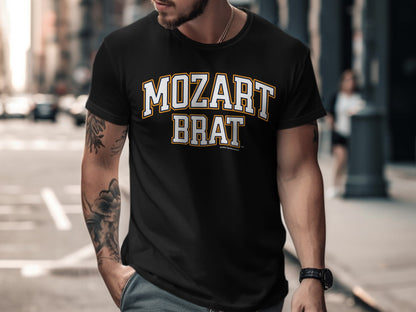Black t-shirt with "MOZART BRAT" text in collegiate style font.